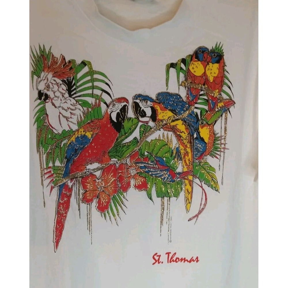 Diamond Dust Parrot St Thomas T-Shirt 90s Large Vintage White Short Sleeve Spark
